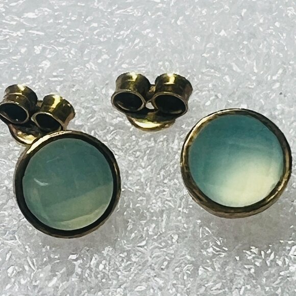 Vtg Vermeil Stud Earrings Aqua Faceted Cabochon Stones Minimalist Design Spring - Picture 6 of 6